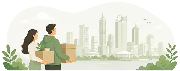 Illustration of a couple relocating to Perth with boxes and the Perth skyline in the background.